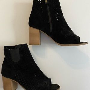 Black Perforated Suede Open Toe Booties